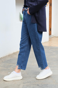 Beli Lastikli Paçası Taşlı Bol Paça Pantolon Mavi