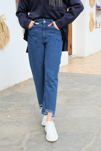 Beli Lastikli Paçası Taşlı Bol Paça Pantolon Mavi