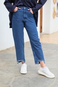 Beli Lastikli Paçası Taşlı Bol Paça Pantolon Mavi