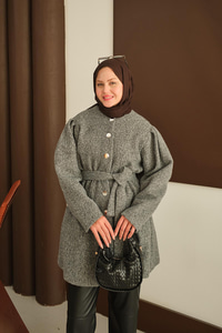 Beli Lastikli Peluş Kaşe Kaban Gri