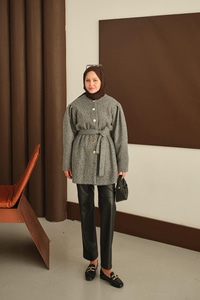 Beli Lastikli Peluş Kaşe Kaban Gri