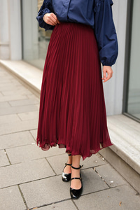 Beli Lastikli Pileli Etek Bordo