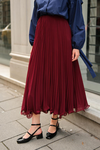 Beli Lastikli Pileli Etek Bordo