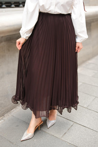 Beli Lastikli Pileli Etek Kahverengi