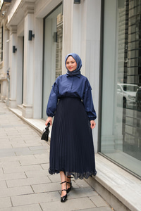 Beli Lastikli Pileli Etek Lacivert