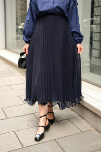 Beli Lastikli Pileli Etek Lacivert