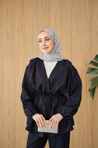 Beli Lastikli Simli Kimono Takım Lacivert