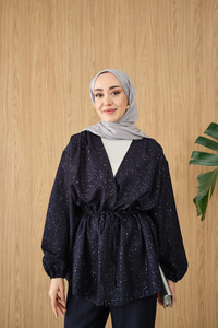 Beli Lastikli Simli Kimono Takım Lacivert