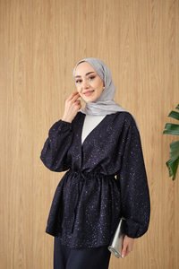 Beli Lastikli Simli Kimono Takım Lacivert