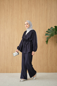 Beli Lastikli Simli Kimono Takım Lacivert