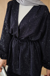 Beli Lastikli Simli Kimono Takım Lacivert