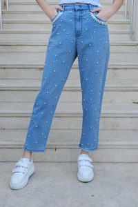 Beli Lastikli Taş Aksesuarlı Pantolon Açık Mavi