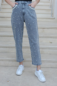 Beli Lastikli Taş Aksesuarlı Pantolon Füme