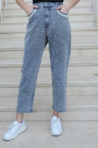 Beli Lastikli Taş Aksesuarlı Pantolon Füme