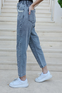 Beli Lastikli Taş Aksesuarlı Pantolon Füme