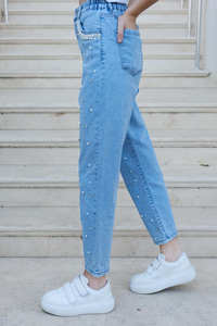 Beli Lastikli Taş Aksesuarlı Pantolon Açık Mavi