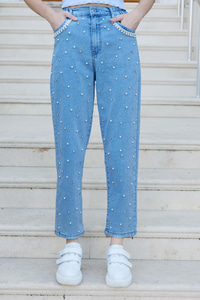 Beli Lastikli Taş Aksesuarlı Pantolon Açık Mavi