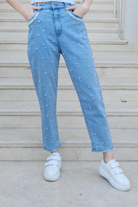Beli Lastikli Taş Aksesuarlı Pantolon Açık Mavi
