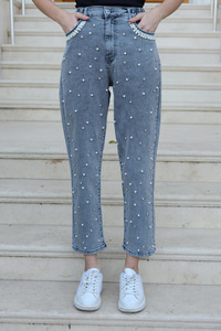 Beli Lastikli Taş Aksesuarlı Pantolon Füme