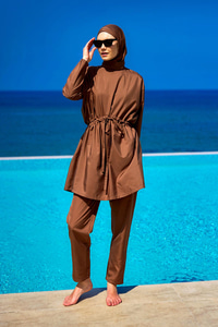 Beli Lastikli Tesettür Mayo Kahverengi