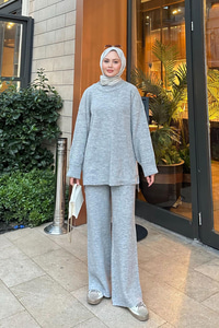 Beli Lastikli Triko Takım Gri