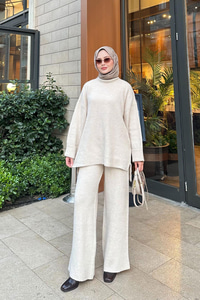 Beli Lastikli Triko Takım Krem