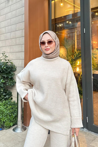 Beli Lastikli Triko Takım Krem