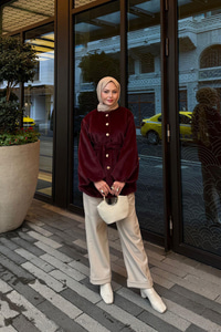 Beli Lastikli Tüylü Ceket Bordo