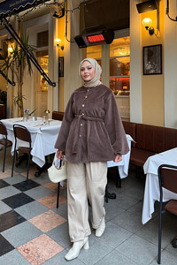 Beli Lastikli Tüylü Ceket Kahverengi