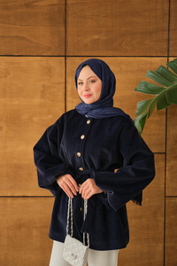 Beli Lastikli Tüylü Ceket Lacivert