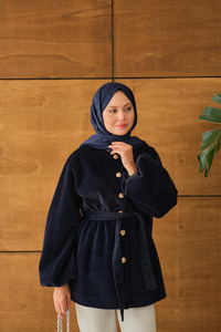 Beli Lastikli Tüylü Ceket Lacivert