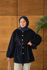 Beli Lastikli Tüylü Ceket Lacivert