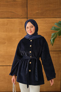 Beli Lastikli Tüylü Ceket Lacivert