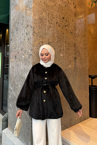 Beli Lastikli Tüylü Ceket Siyah