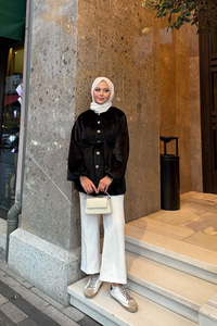 Beli Lastikli Tüylü Ceket Siyah