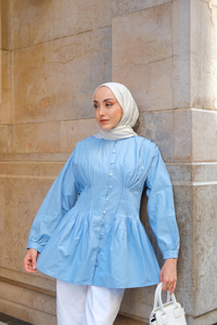 Beli Nervurlu Poplin Gömlek Mavi