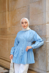 Beli Nervurlu Poplin Gömlek Mavi