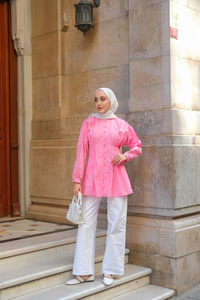 Beli Nervurlu Poplin Gömlek Pembe