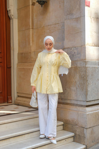 Beli Nervurlu Poplin Gömlek Sarı