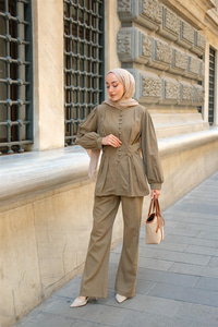 Beli Pens Detaylı Takım Haki Yeşil