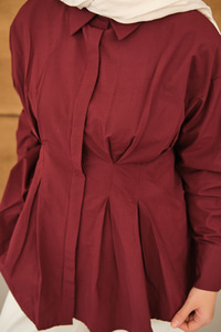 Beli Pile Detay Gizli Düğmeli Gömlek Bordo