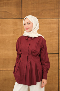 Beli Pile Detay Gizli Düğmeli Gömlek Bordo