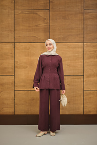 Beli Pile Detay İki Kemerli Gömlek Yaka Takım Bordo