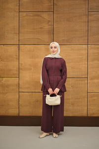 Beli Pile Detay İki Kemerli Gömlek Yaka Takım Bordo