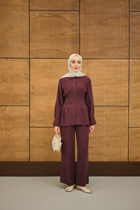 Beli Pile Detay İki Kemerli Gömlek Yaka Takım Bordo