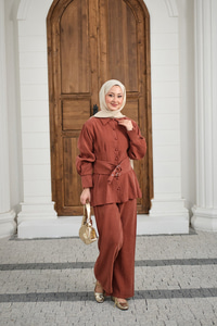 Beli Pile Detay İki Kemerli Gömlek Yaka Takım Kiremit