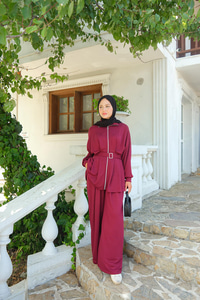 Beli Pile Detaylı Takım Bordo