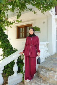 Beli Pile Detaylı Takım Bordo