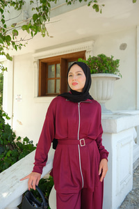 Beli Pile Detaylı Takım Bordo