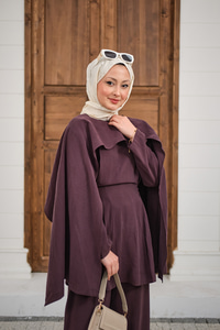 Beli Pileli Çıkarılabilir Pelerinli Takım Mürdüm